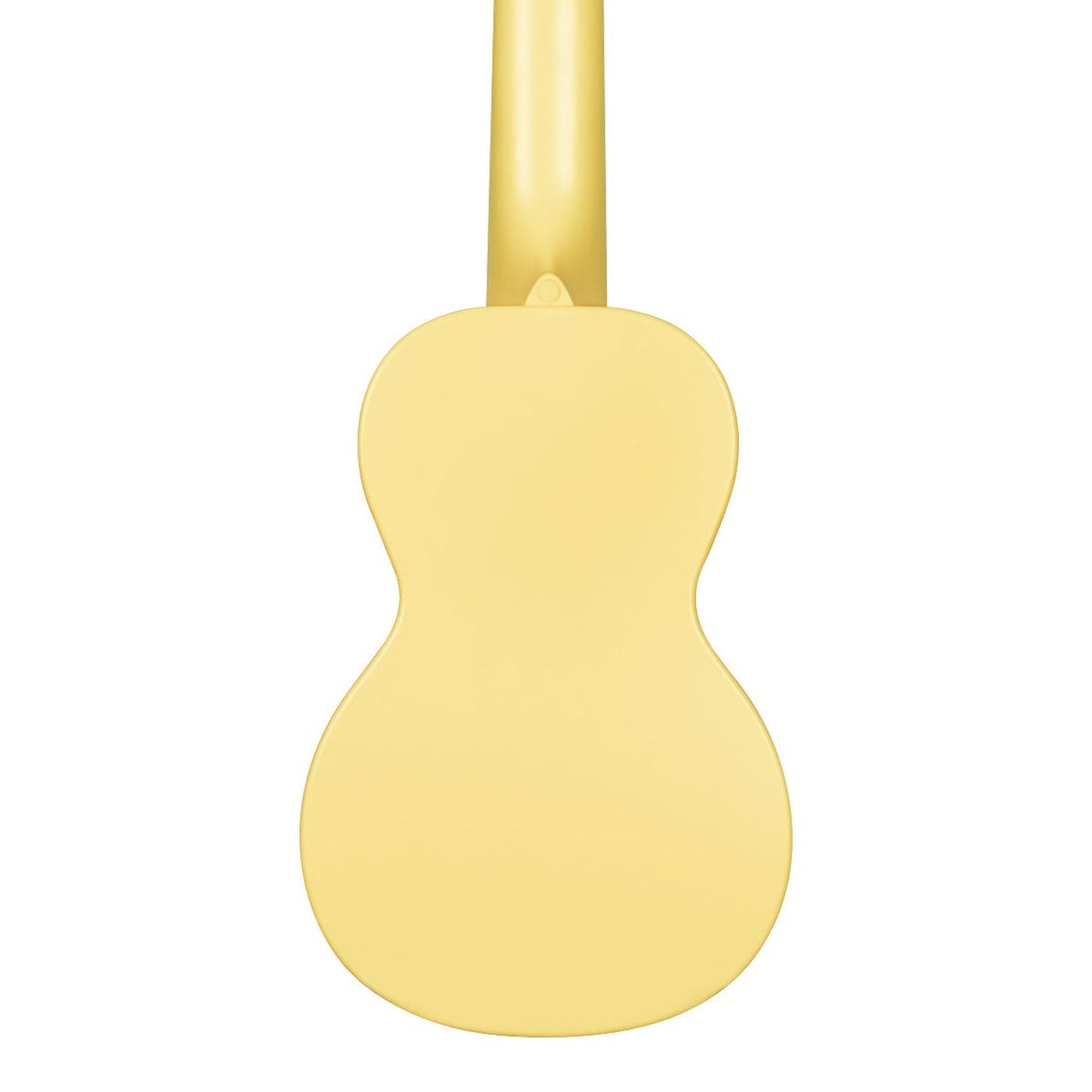 Kala KA-R-WMG-YL-S Starlight Yellow Glow-in-the-Dark soprano ukulele body, back view showing the one-piece plastic back and the heel of the neck on a white background
