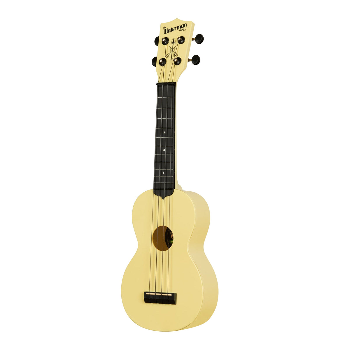 Kala KA-R-WMG-YL-S Starlight Yellow Glow-in-the-Dark soprano ukulele angled to the left, showing the soundhole, bridge and fingerboard