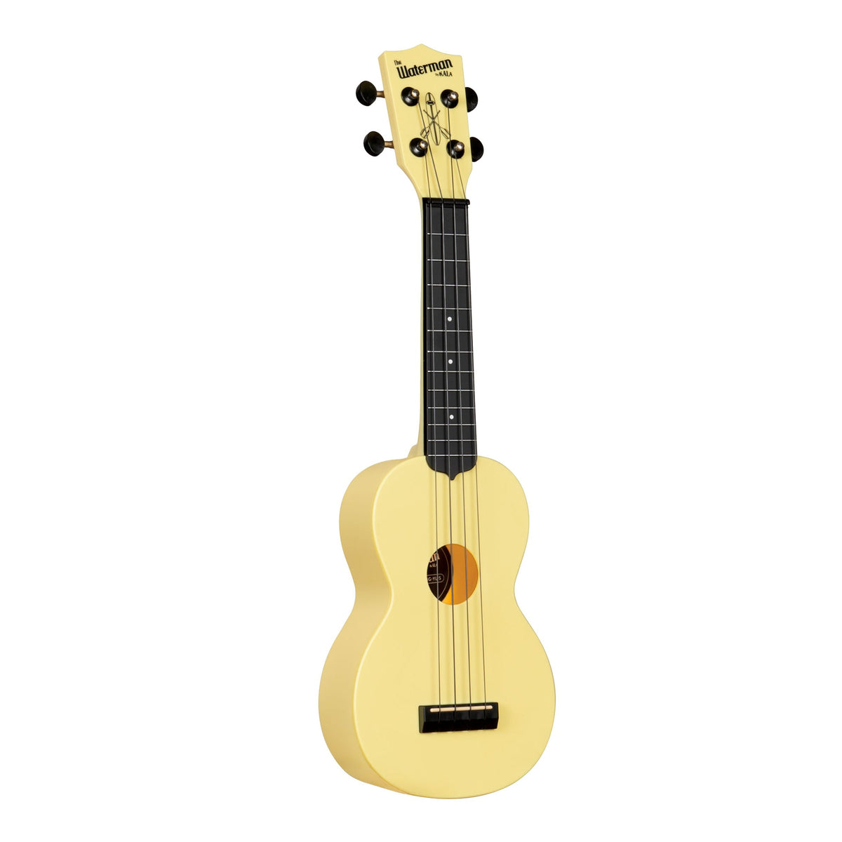 Kala KA-R-WMG-YL-S Starlight Yellow Glow-in-the-Dark soprano ukulele angled to the right, showing the body edge and Waterman logo headstock