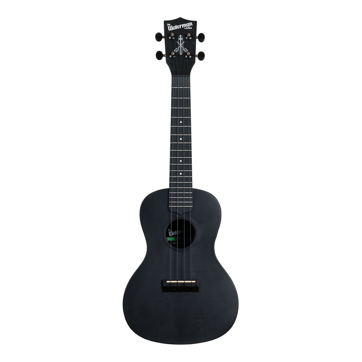 Front of the Kala KA-R-WMS-BK-C concert ukulele in matte black sand, with a dark fingerboard and black Aquila B-Black strings