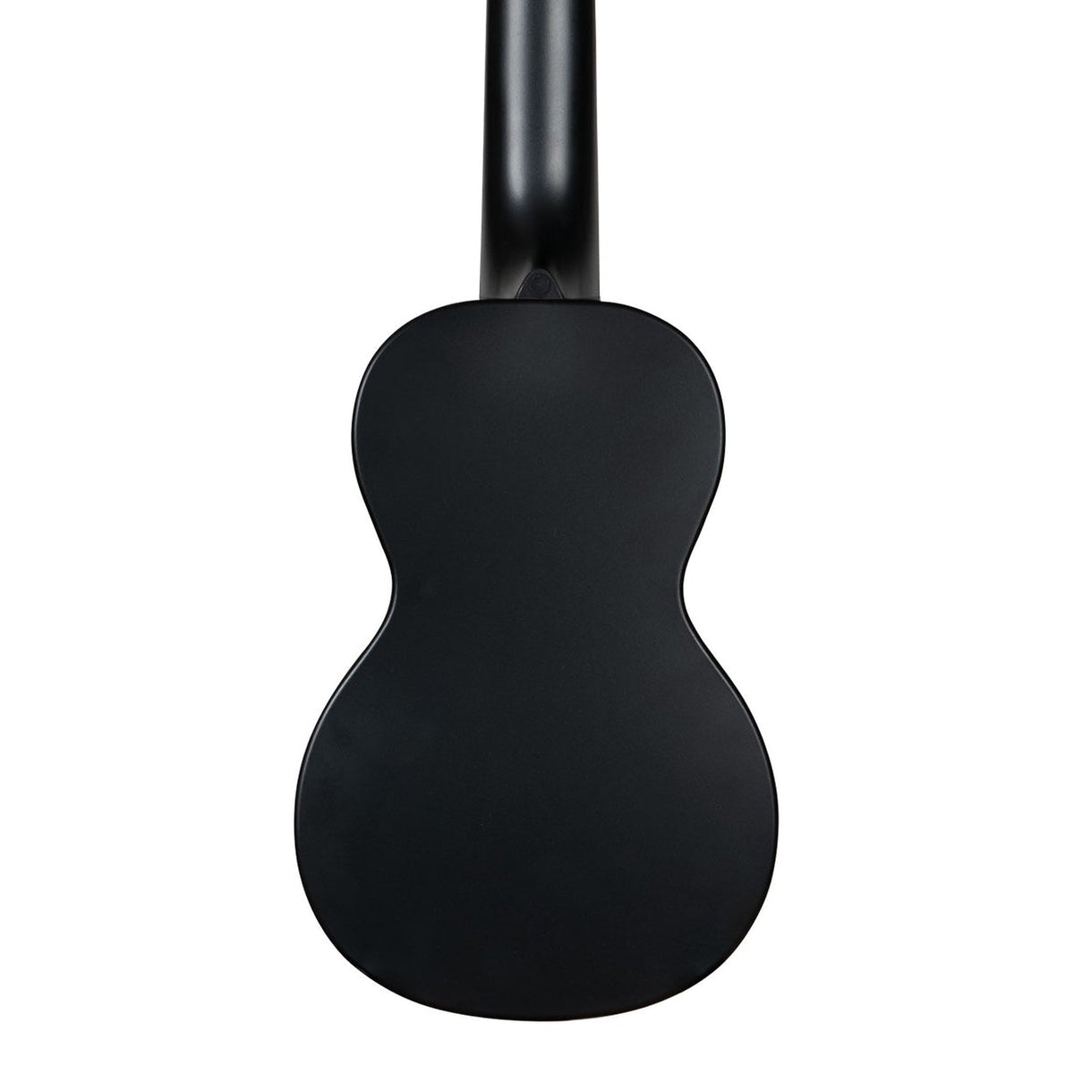 Kala KA-R-WMS-BK-S Black Sand soprano ukulele body, back view showing the one-piece plastic back and the heel of the neck on a white background
