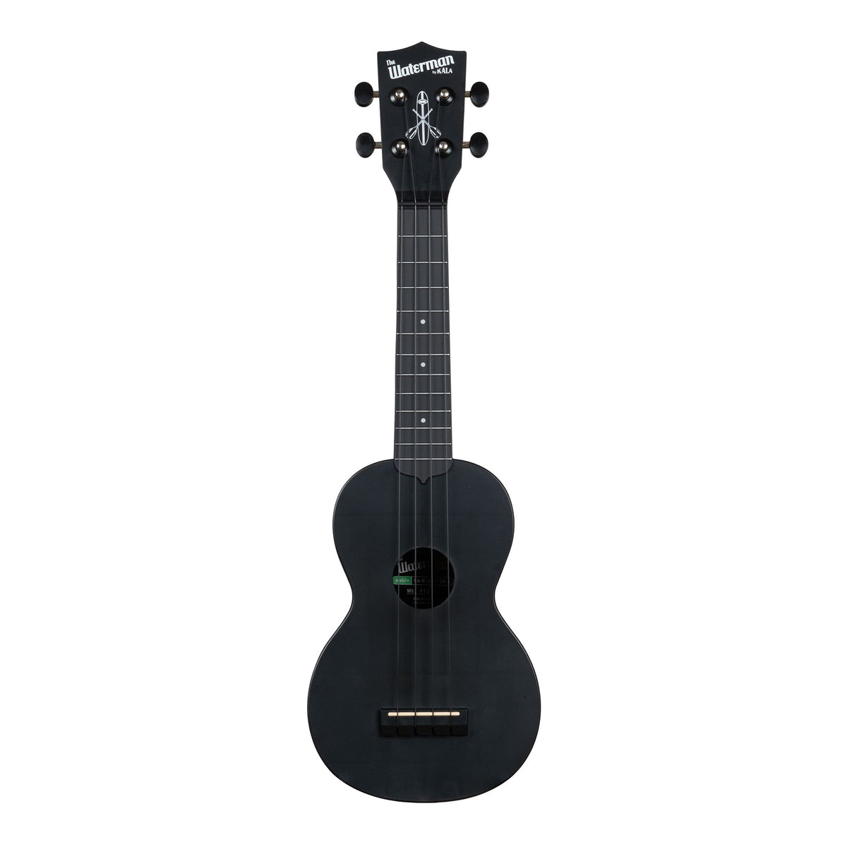 Front of the Kala KA-R-WMS-BK-S soprano ukulele in matte black sand, with a dark fingerboard and black Aquila B-Black strings