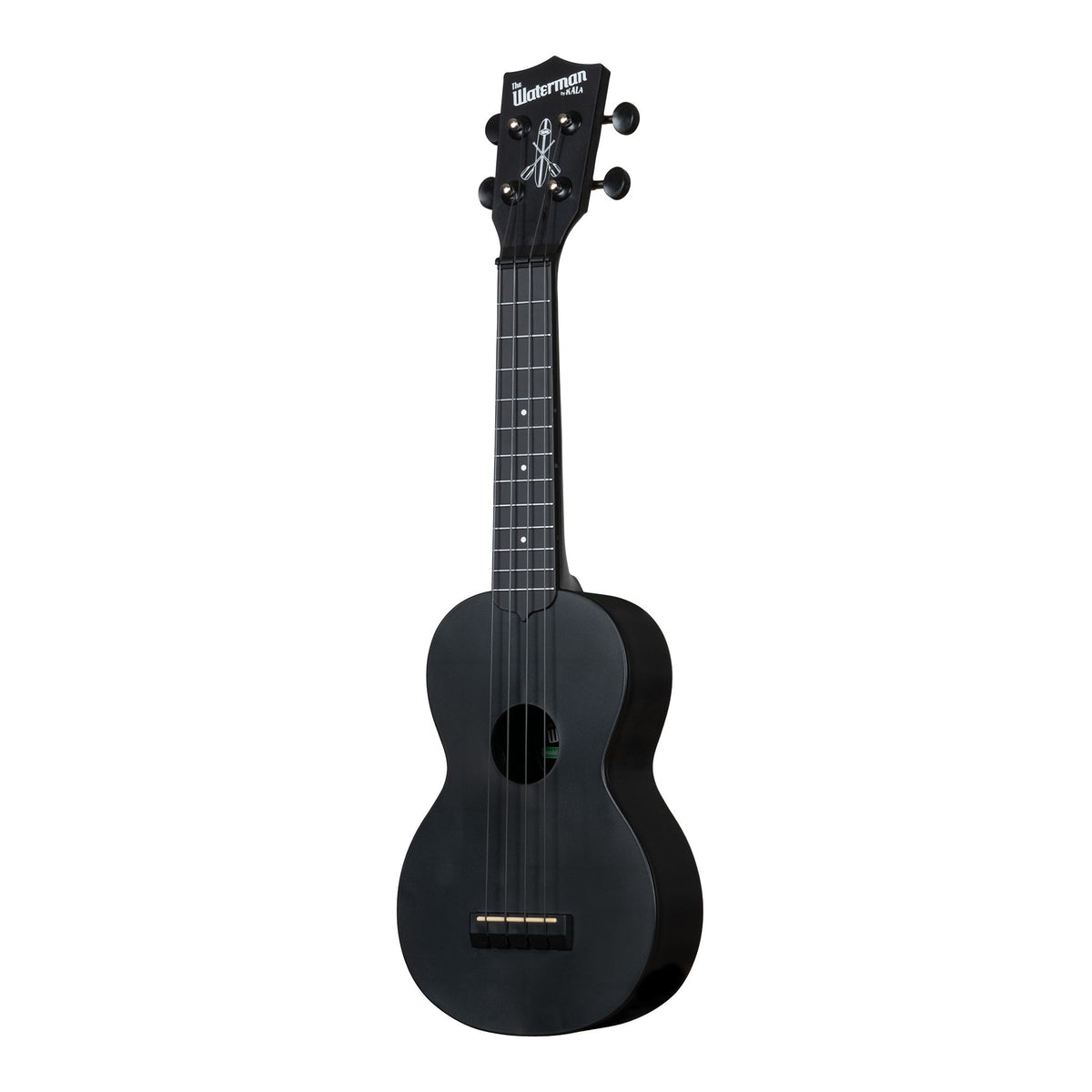 Kala KA-R-WMS-BK-S Black Sand soprano ukulele angled to the left, showing the soundhole, bridge and fingerboard