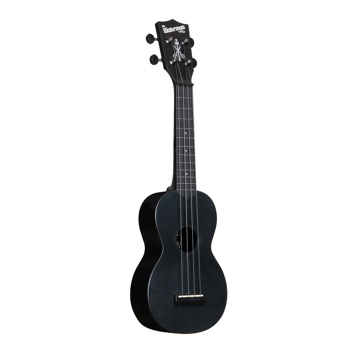 Kala KA-R-WMS-BK-S Black Sand soprano ukulele angled to the right, showing the body edge and Waterman logo headstock