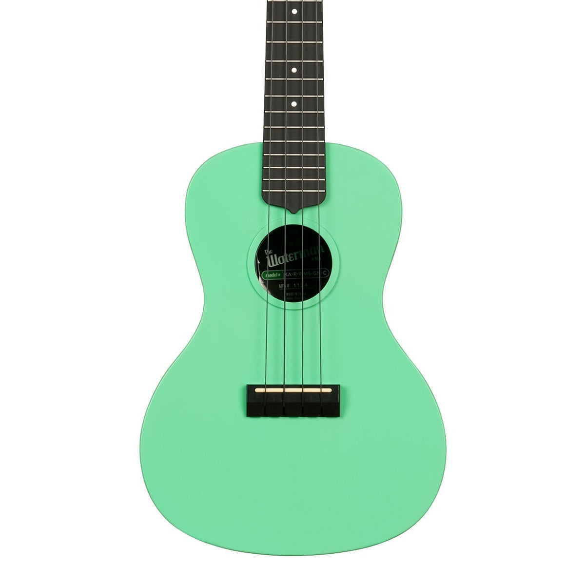 Kala KA-R-WMS-GN-C Sea Foam Green concert ukulele body, front view showing the soundhole, bridge and lower fingerboard on a white background