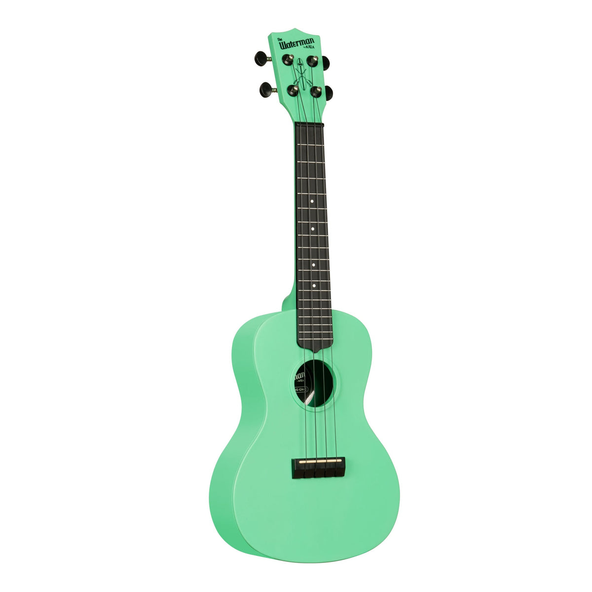 Kala KA-R-WMS-GN-C Sea Foam Green concert ukulele angled to the right, showing the body edge and Waterman logo headstock