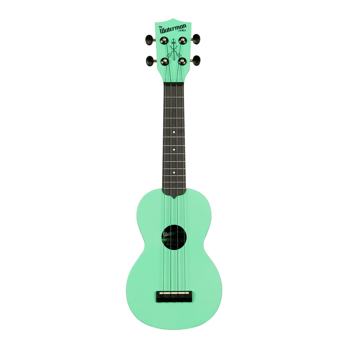 Front of the Kala KA-R-WMS-GN-S soprano ukulele in matte sea foam green, with a dark fingerboard and black Aquila B-Black strings