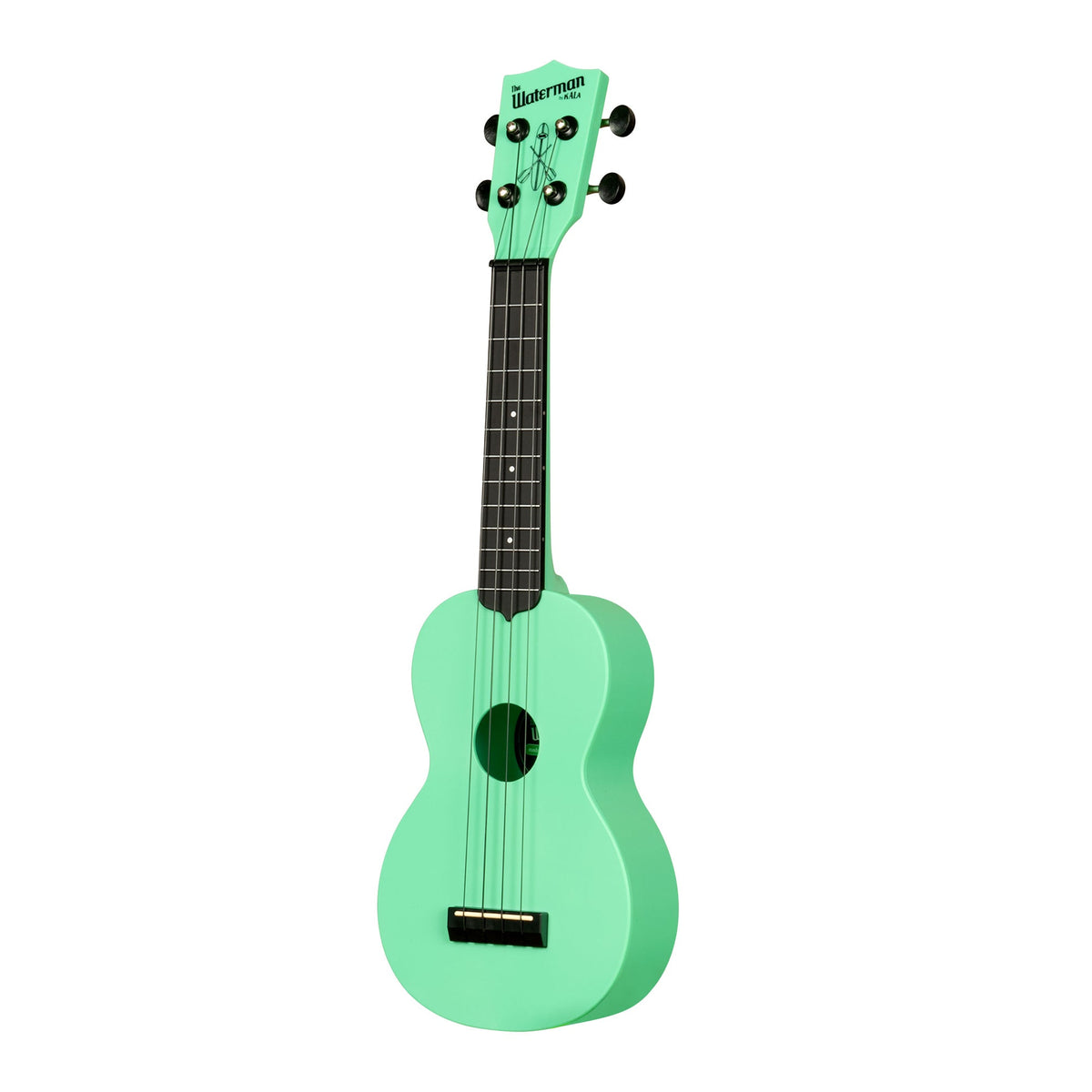 Kala KA-R-WMS-GN-S Sea Foam Green soprano ukulele angled to the left, showing the soundhole, bridge and fingerboard