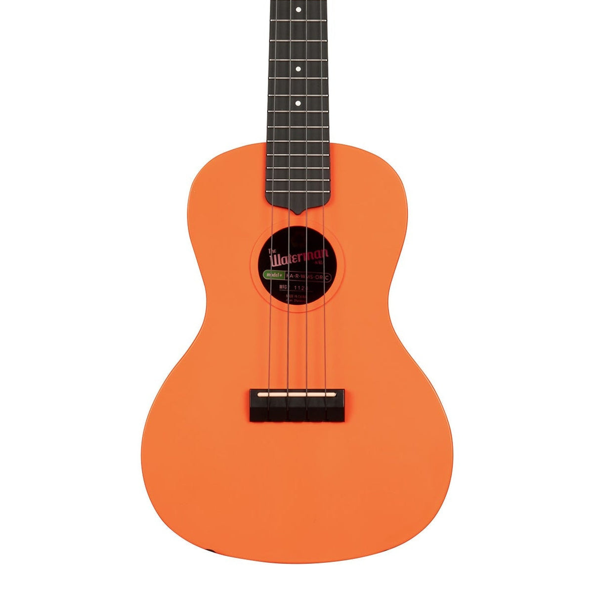 Kala KA-R-WMS-OR-C Sunset Orange concert ukulele body, front view showing the soundhole, bridge and lower fingerboard on a white background