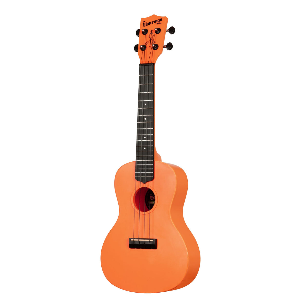 Kala KA-R-WMS-OR-C Sunset Orange concert ukulele angled to the left, showing the soundhole, bridge and fingerboard