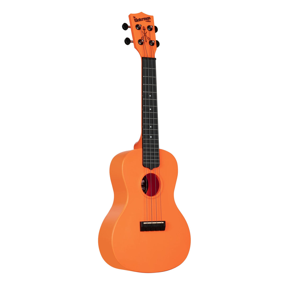Kala KA-R-WMS-OR-C Sunset Orange concert ukulele angled to the right, showing the body edge and Waterman logo headstock