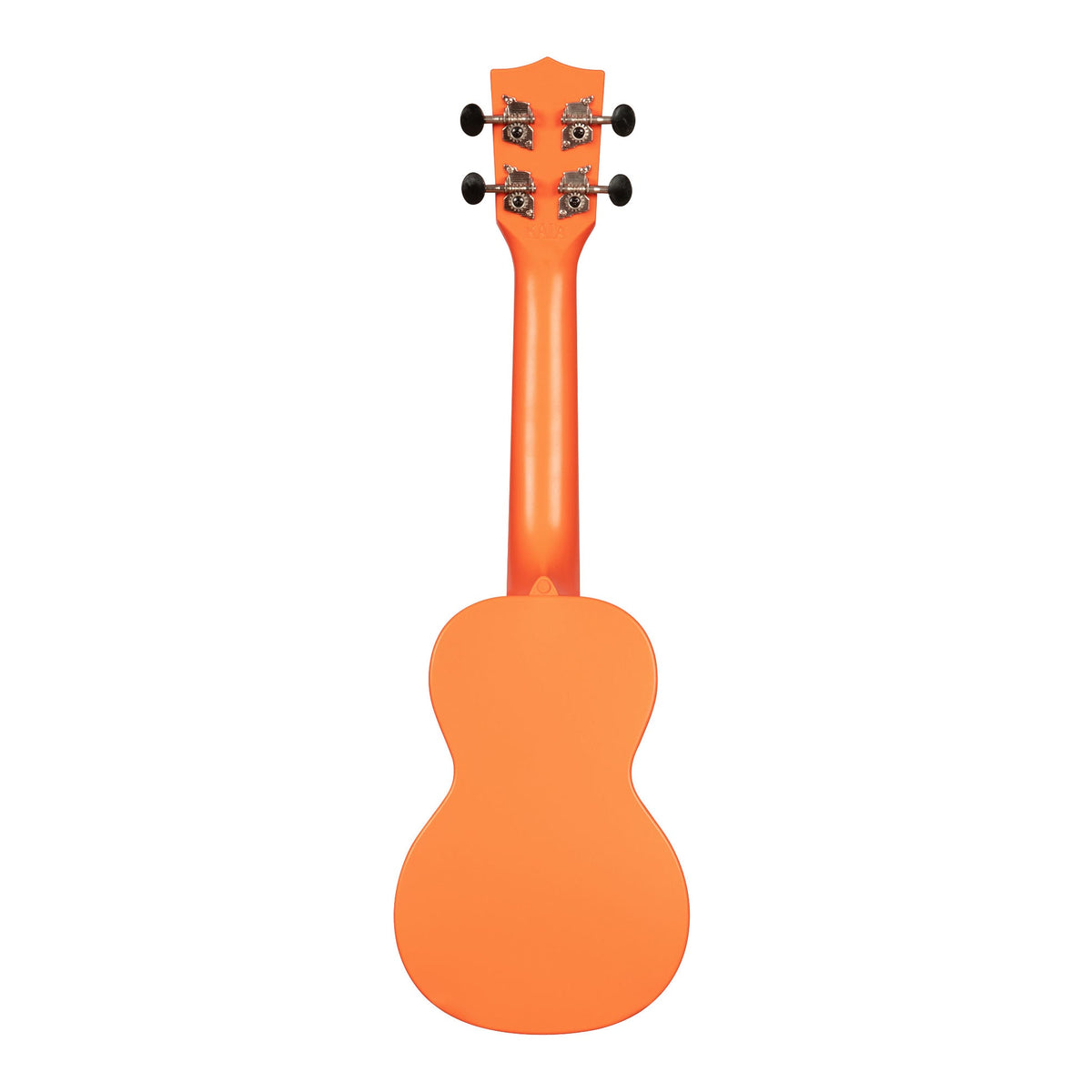 Back of the Kala KA-R-WMS-OR-S Sunset Orange soprano ukulele, showing the one-piece plastic back and the rear of the tuners