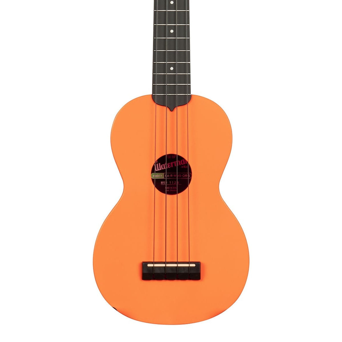 Kala KA-R-WMS-OR-S Sunset Orange soprano ukulele body, front view showing the soundhole, bridge and lower fingerboard on a white background