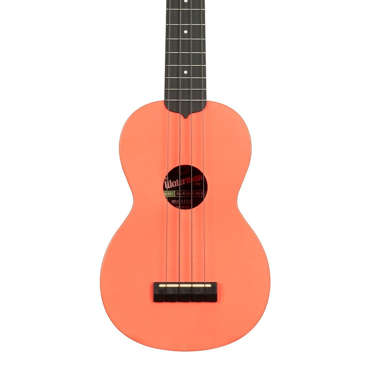 Kala KA-R-WMS-PK-S Pink Dusk soprano ukulele body, front view showing the soundhole, bridge and lower fingerboard on a white background
