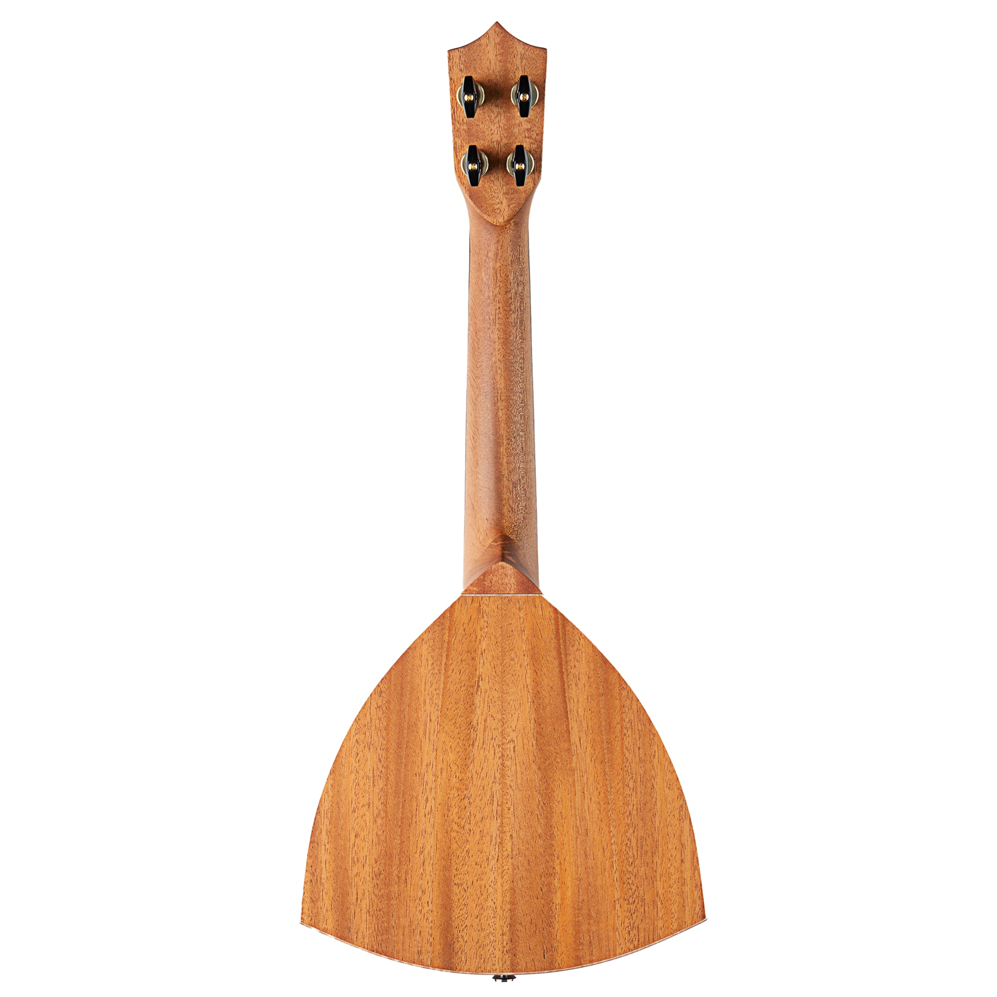 The back view of a wooden ukulele showing its natural mahogany body, neck, and four black tuning pegs against a solid white background.