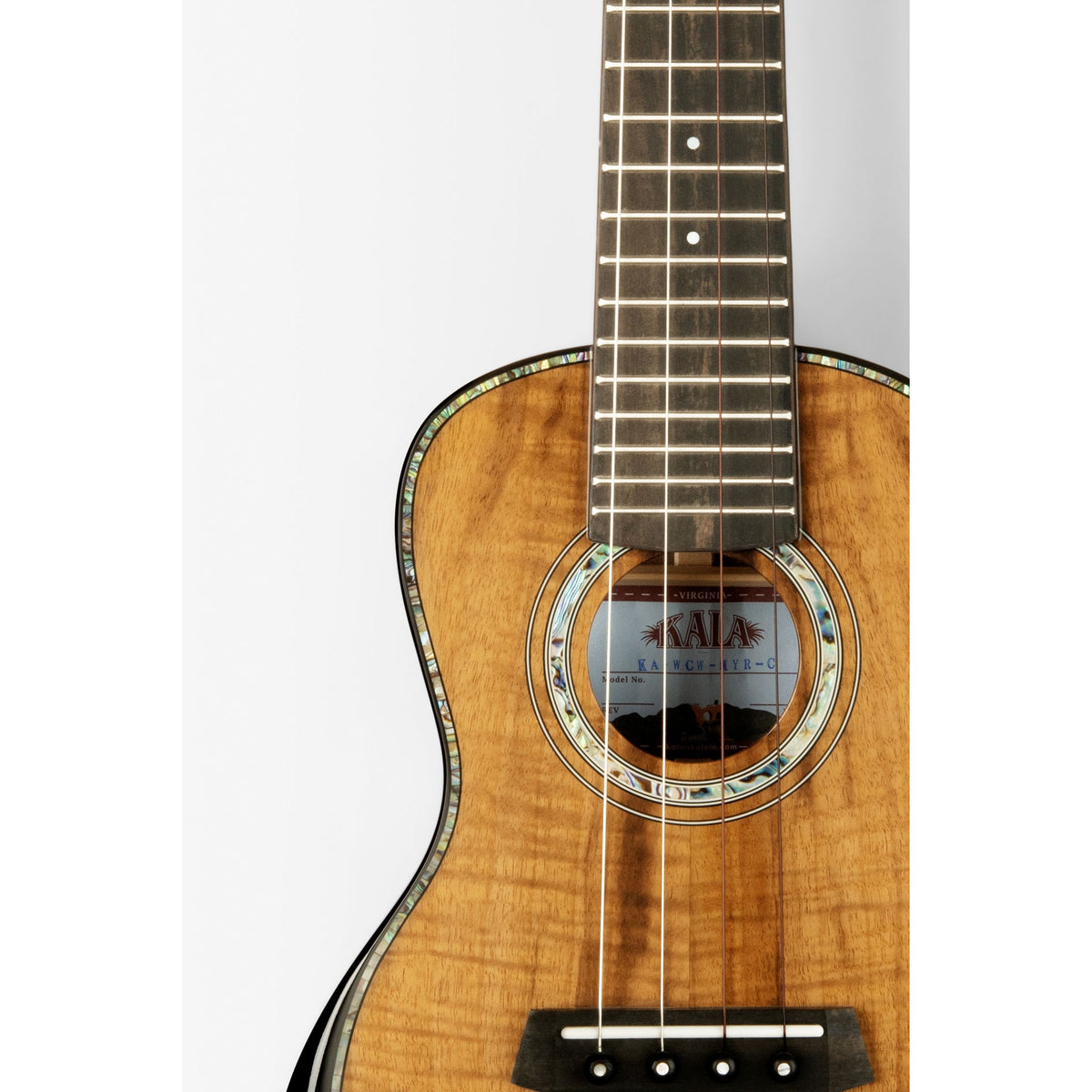 Kala KA-WCW-MYR-C body front close-up, figured solid myrtle top with abalone rosette and ebony bridge