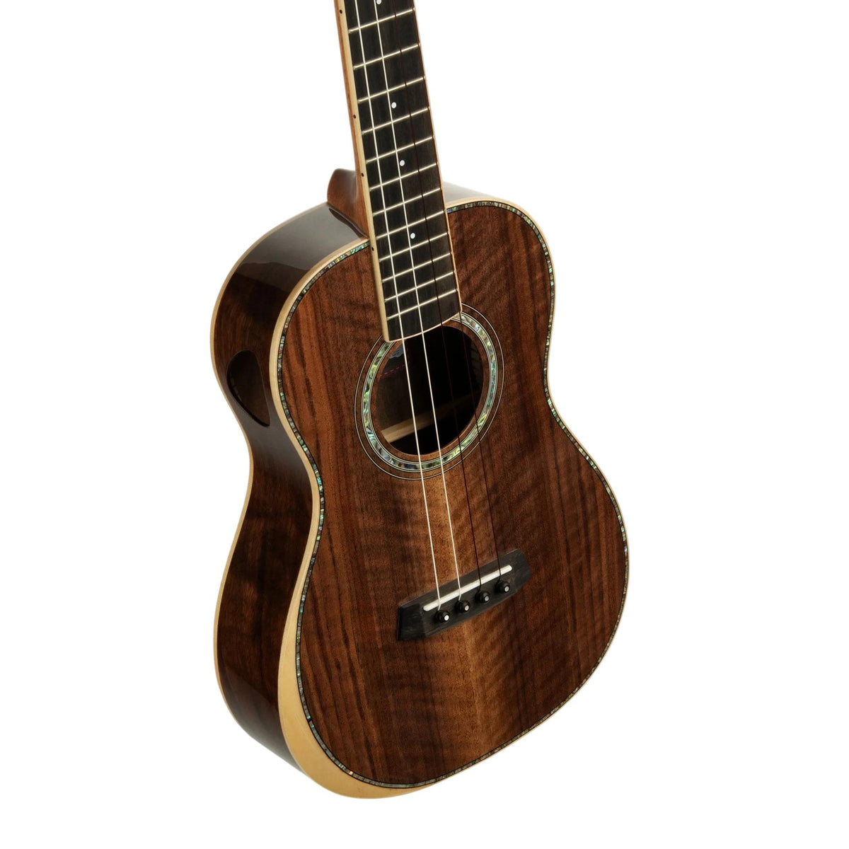 Angled view of the Kala WCW-WAL-B body, showing the walnut top grain, abalone rosette and maple binding