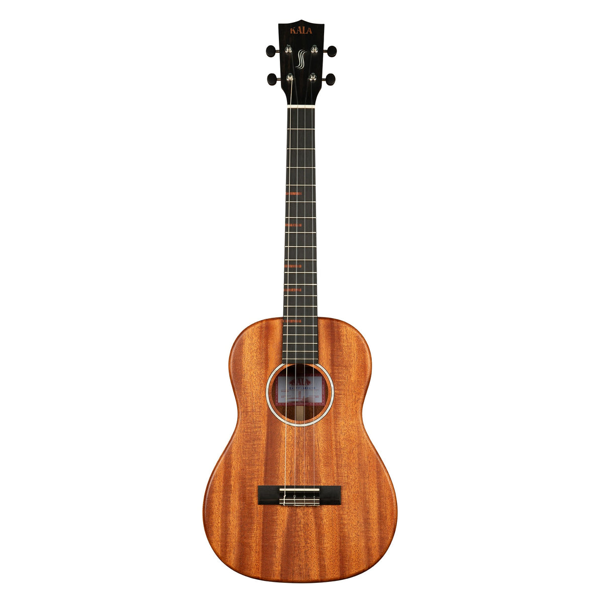 Front of the Kala KA-WF-AMHG-B solid mahogany baritone ukulele with mother-of-pearl rosette and ebony fingerboard