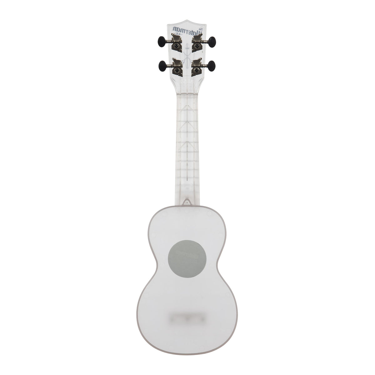 Back of the Kala KA-WMT-CL-S Frosted Glass Transparent soprano ukulele, showing the one-piece plastic back and the rear of the tuners