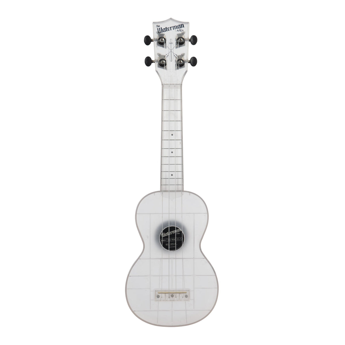 Front of the Kala KA-WMT-CL-S soprano ukulele in gloss frosted glass transparent, with a see-through fingerboard and white Aquila Super Nylgut strings