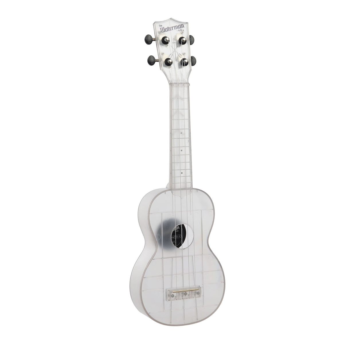 Kala KA-WMT-CL-S Frosted Glass Transparent soprano ukulele angled to the right, showing the body edge and Waterman logo headstock