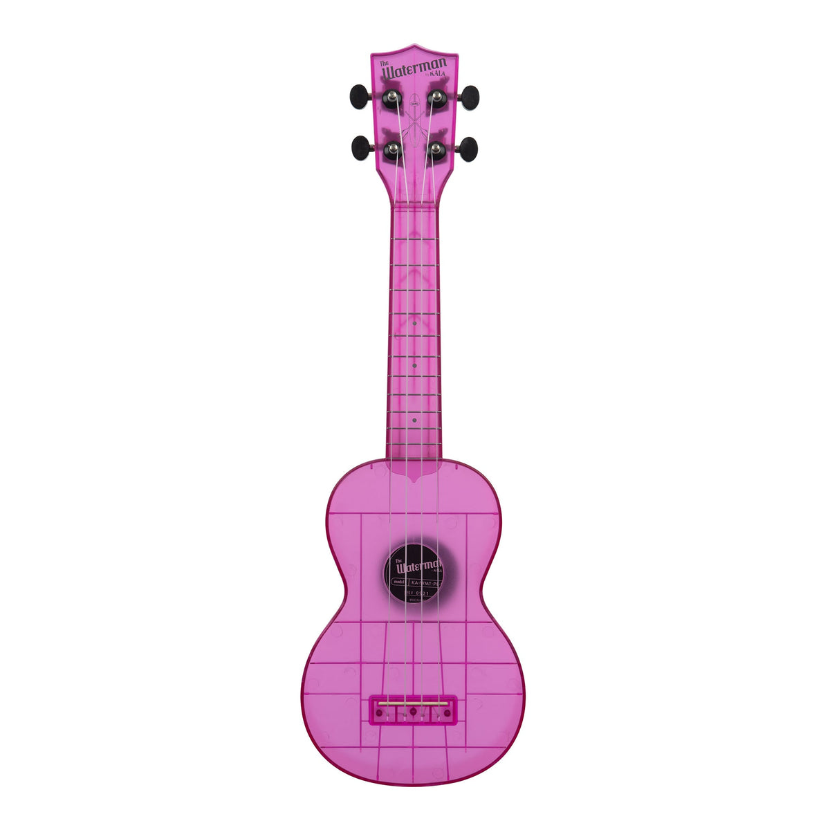 Front of the Kala KA-WMT-PL-S soprano ukulele in gloss amethyst purple transparent, with a see-through fingerboard and white Aquila Super Nylgut strings