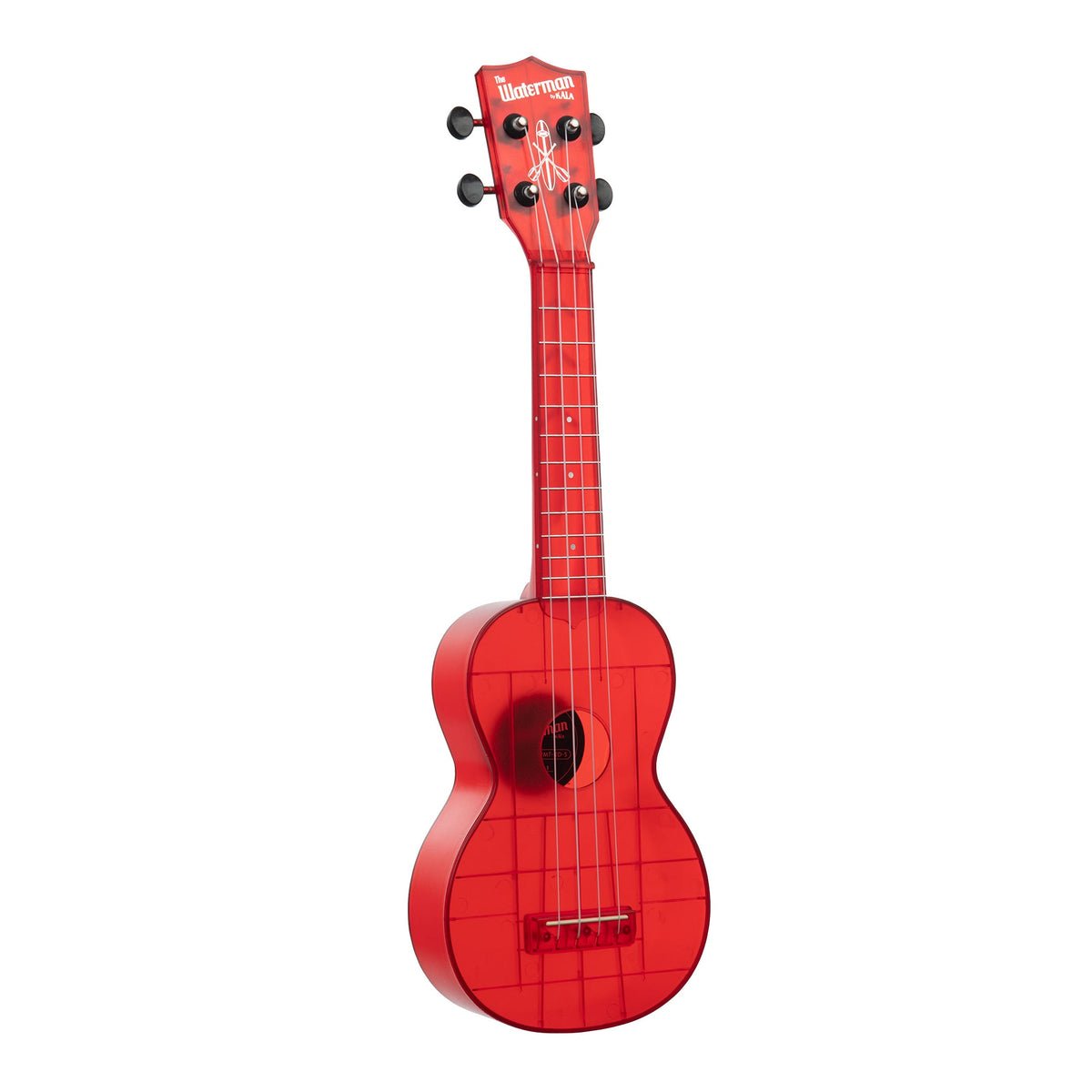 Kala KA-WMT-RD-S Maritime Red Transparent soprano ukulele angled to the right, showing the body edge and Waterman logo headstock