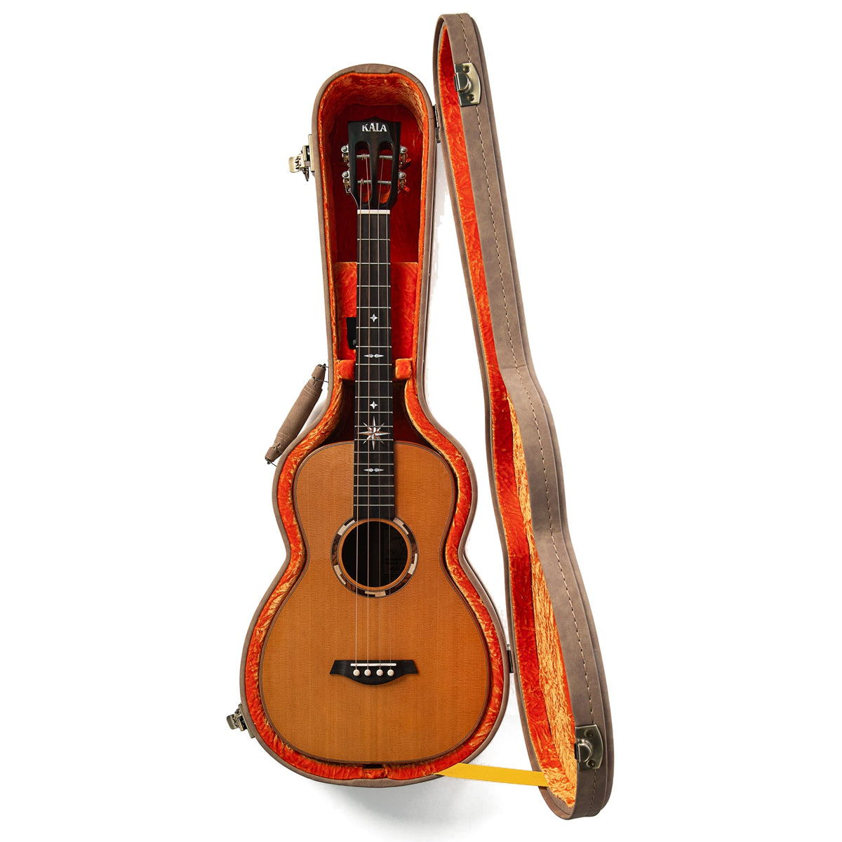 Kala KA-WP-CA-GB-E standing in its open hardcase with orange interior