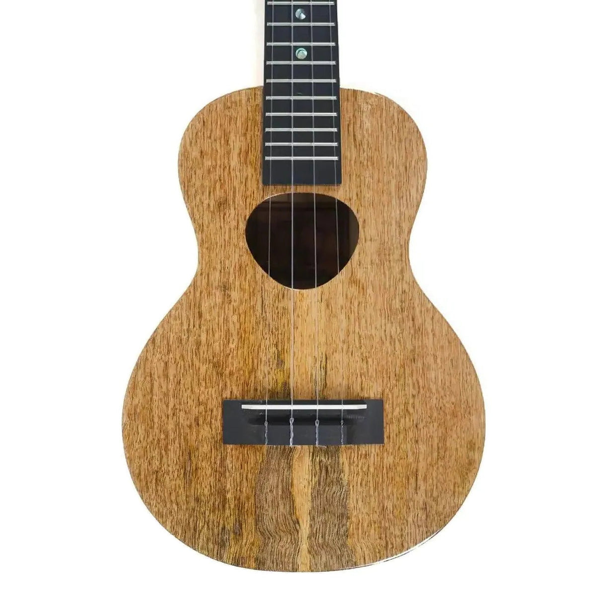 Example photo: front of the body of a KoAloha KCM-00MG, the gloss version of the KCM-10MG solid mango concert, with the Musubi soundhole, ebony bridge and part of the fretboard