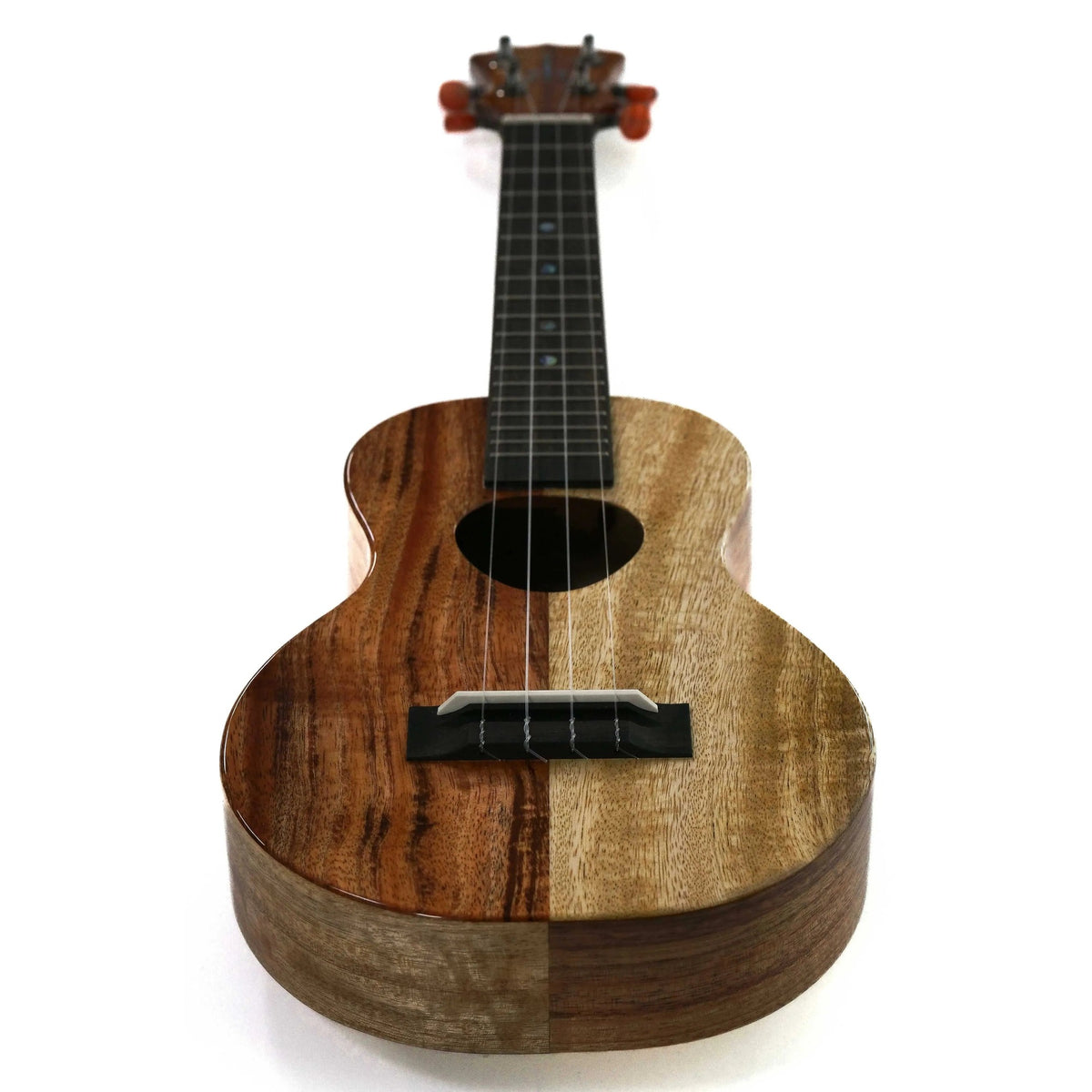 Example photo: full front view of an earlier KoAloha KCNP-00 gloss Naupaka concert ukulele in koa and mango