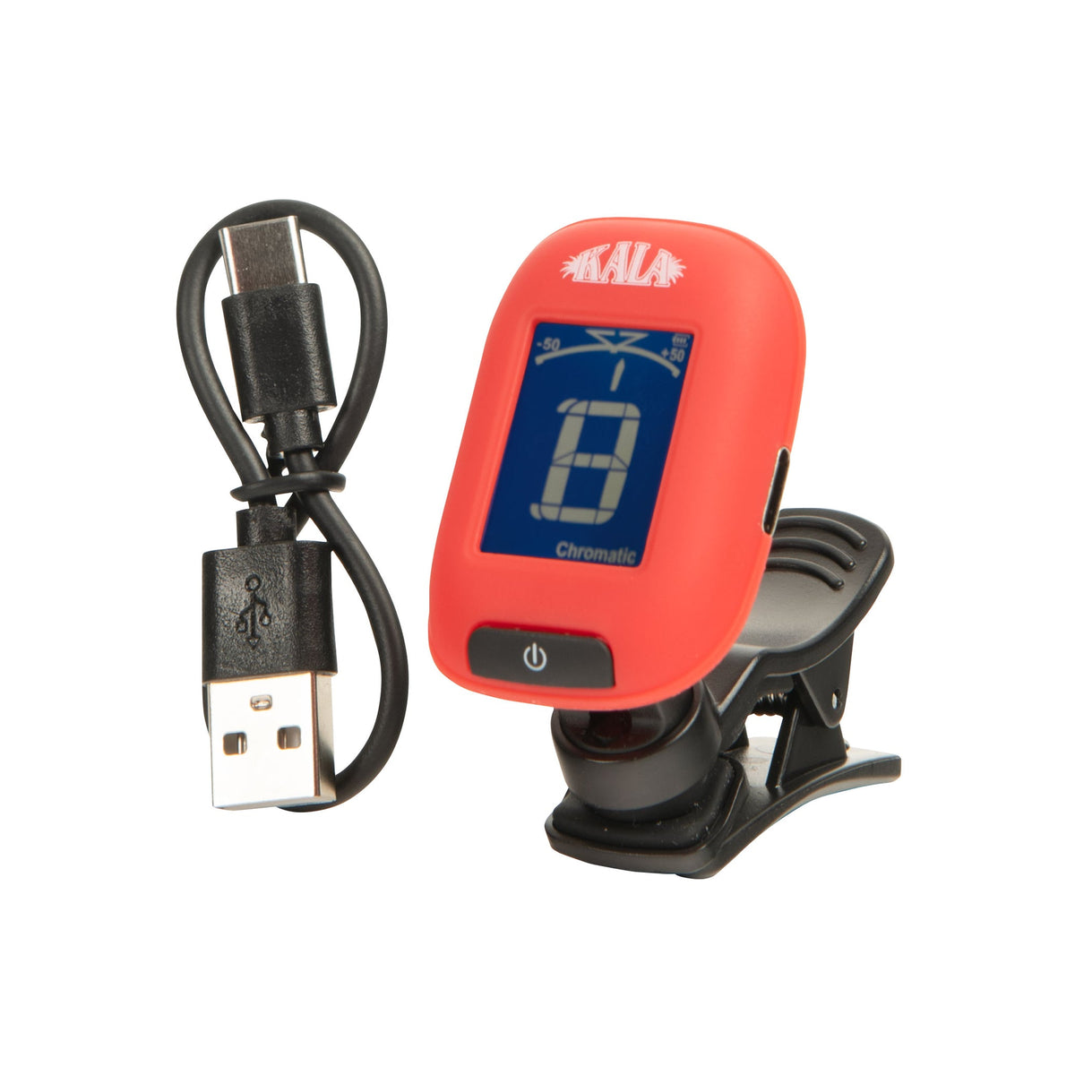 Red Kala Klipz rechargeable clip-on tuner with charging cable