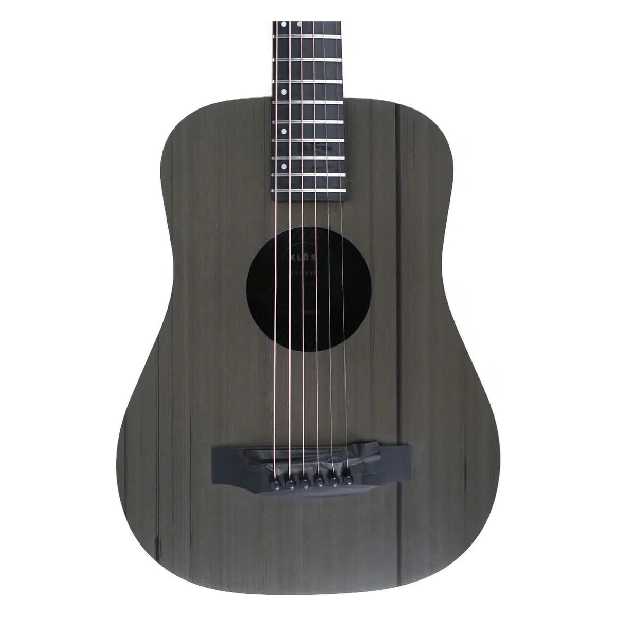 Klōs Deluxe Carbon Timber travel guitar, front view with soundhole and bridge