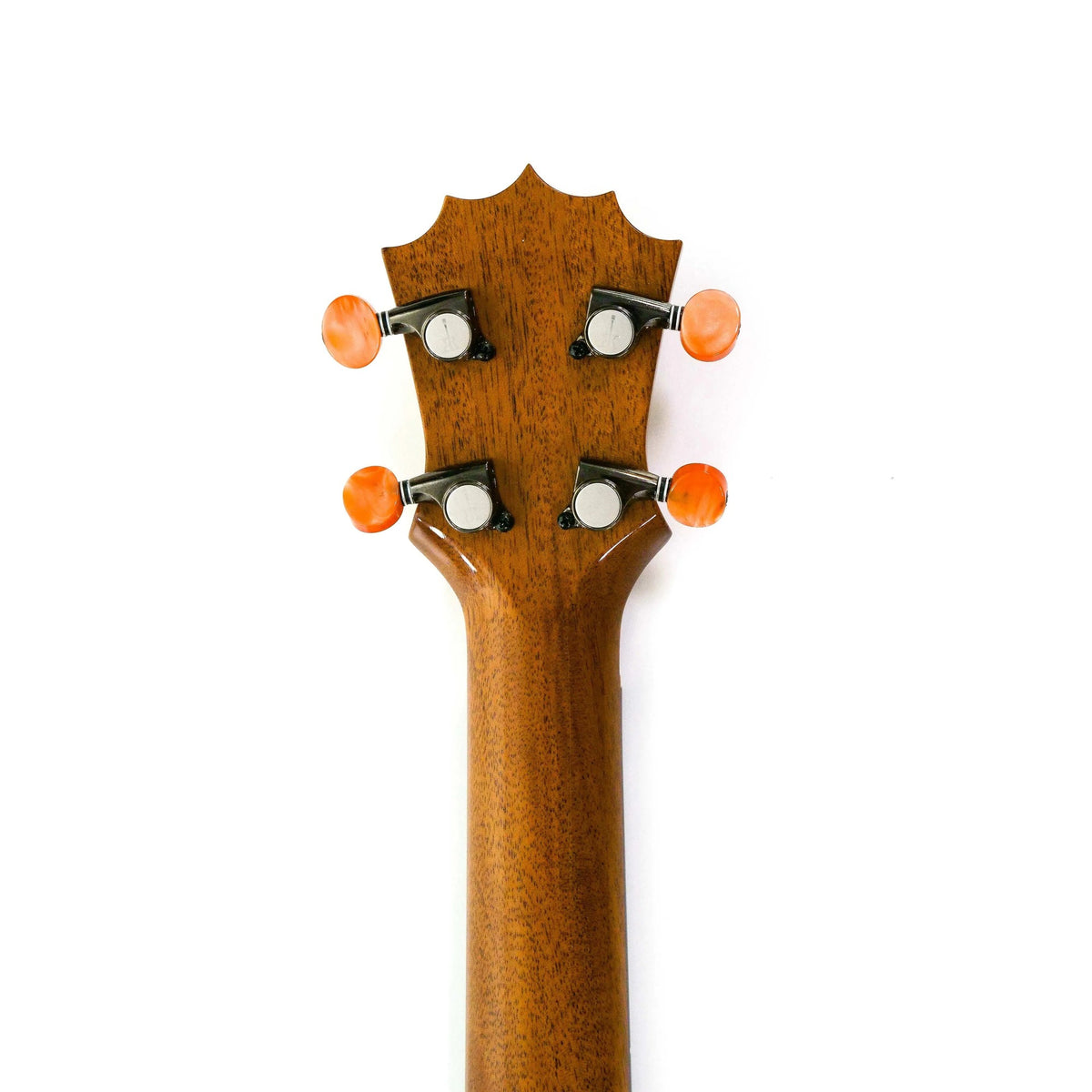 Example photo: back of the headstock and geared tuners of a KoAloha KCNP-00 Naupaka concert ukulele in koa and mango, a larger gloss version of the KSNP-10 soprano