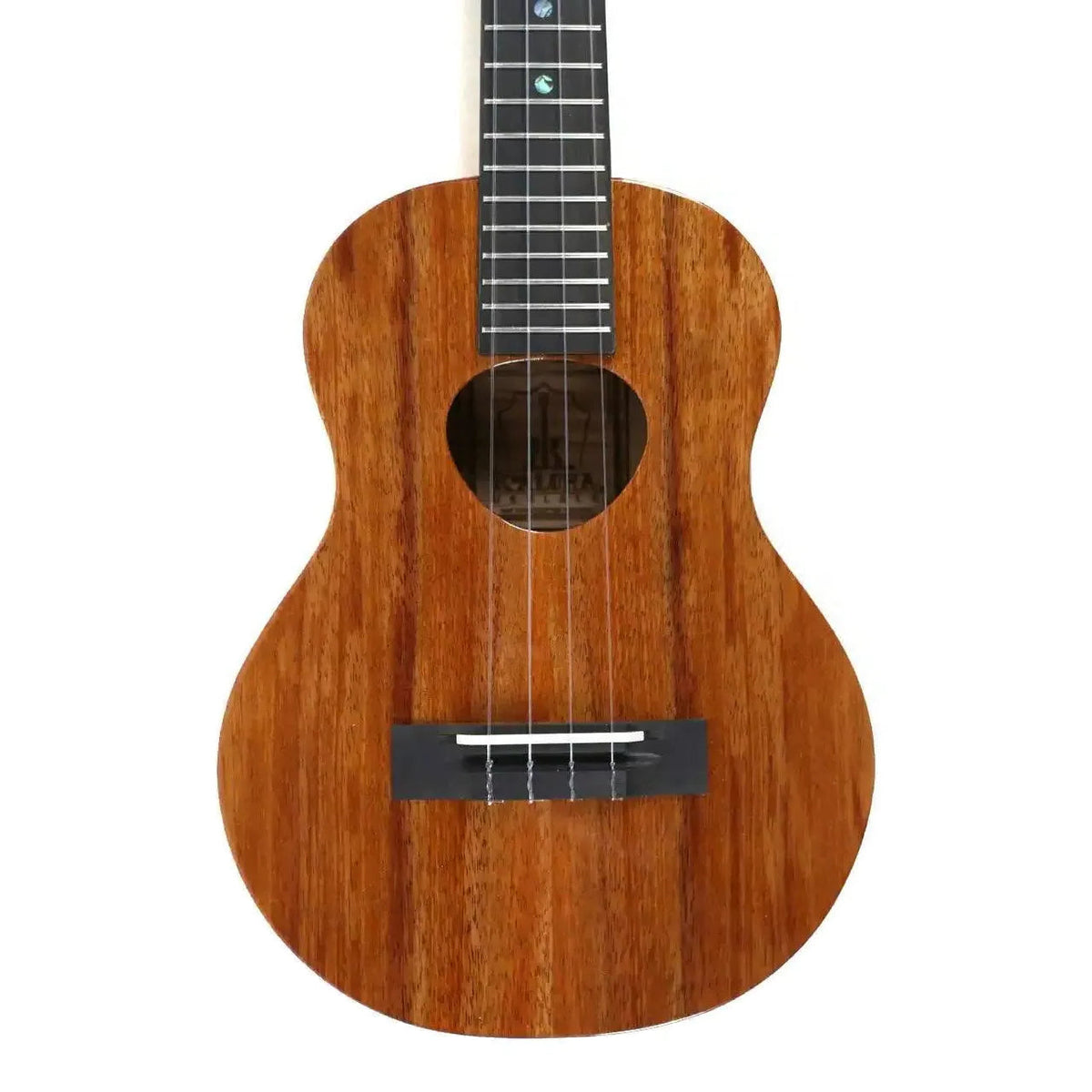 KoAloha KTM-S00 Slimline Gloss Solid Hawaiian Koa Tenor Ukulele, close-up of the top with soundhole and bridge