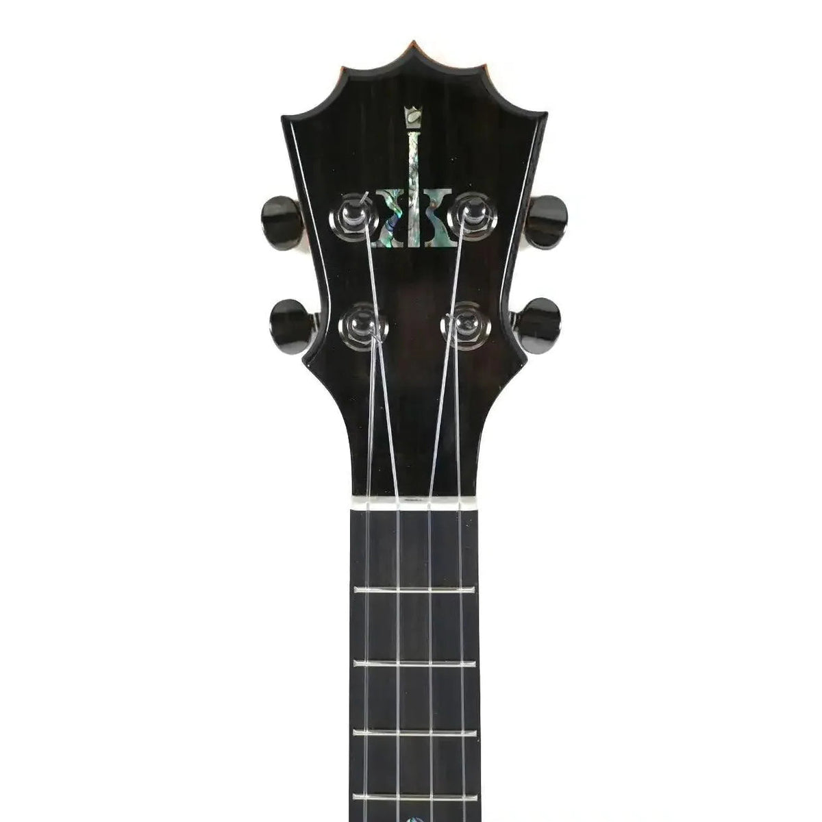KoAloha KTM-S00 Slimline Gloss Solid Hawaiian Koa Tenor Ukulele, ebony headstock front with abalone logo and fretboard