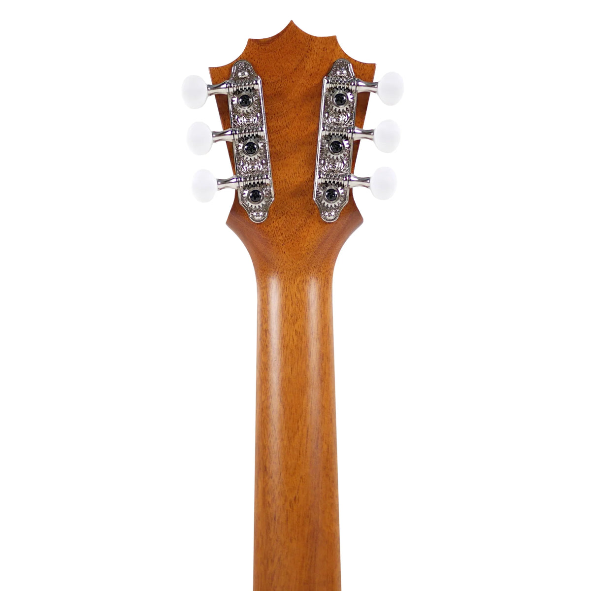 KoAloha KTM-06 Imaikalani 6-string tenor ukulele, back of the headstock and koa neck with six tuners