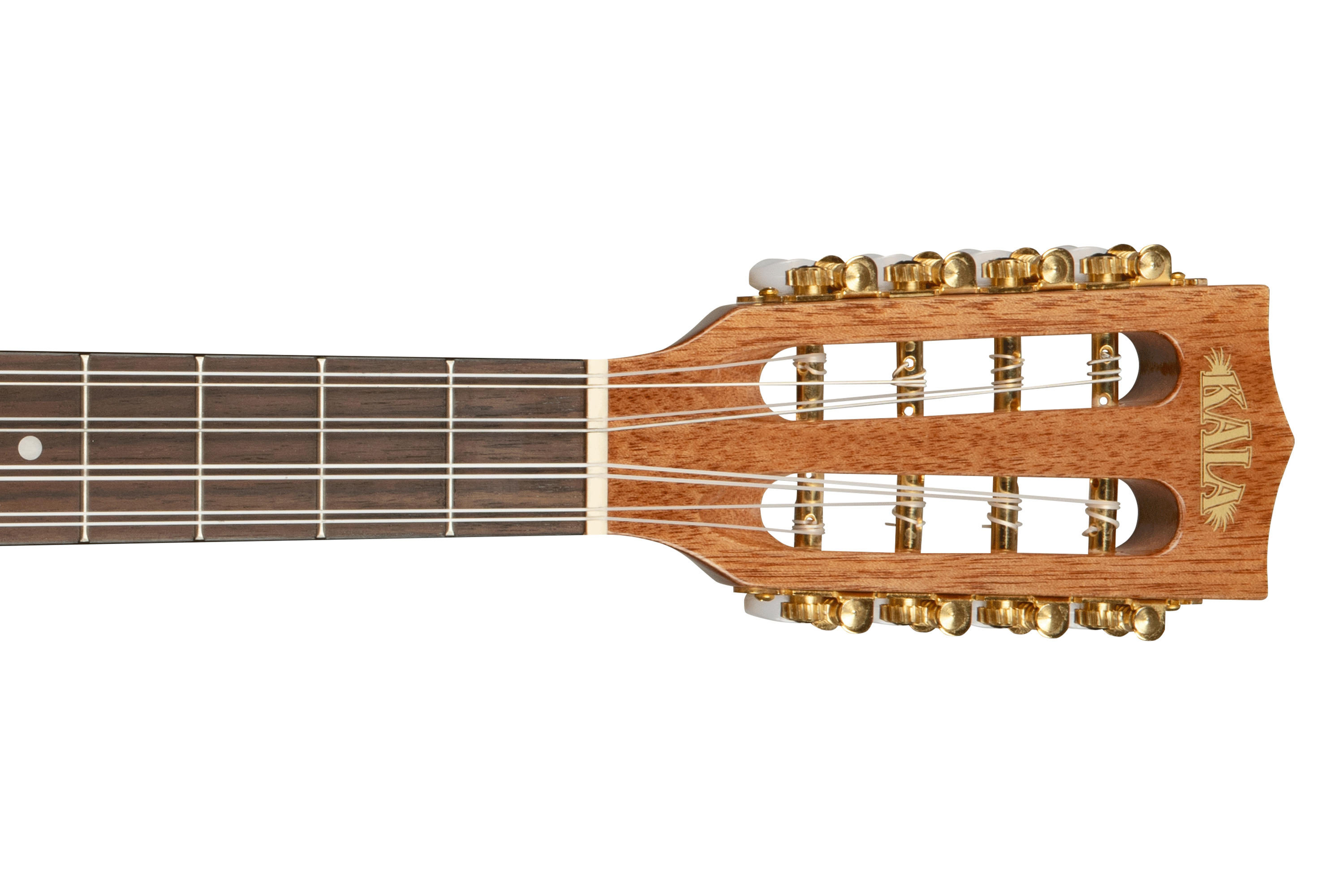 Close-up of a guitar neck with metal tuning pegs on a white background