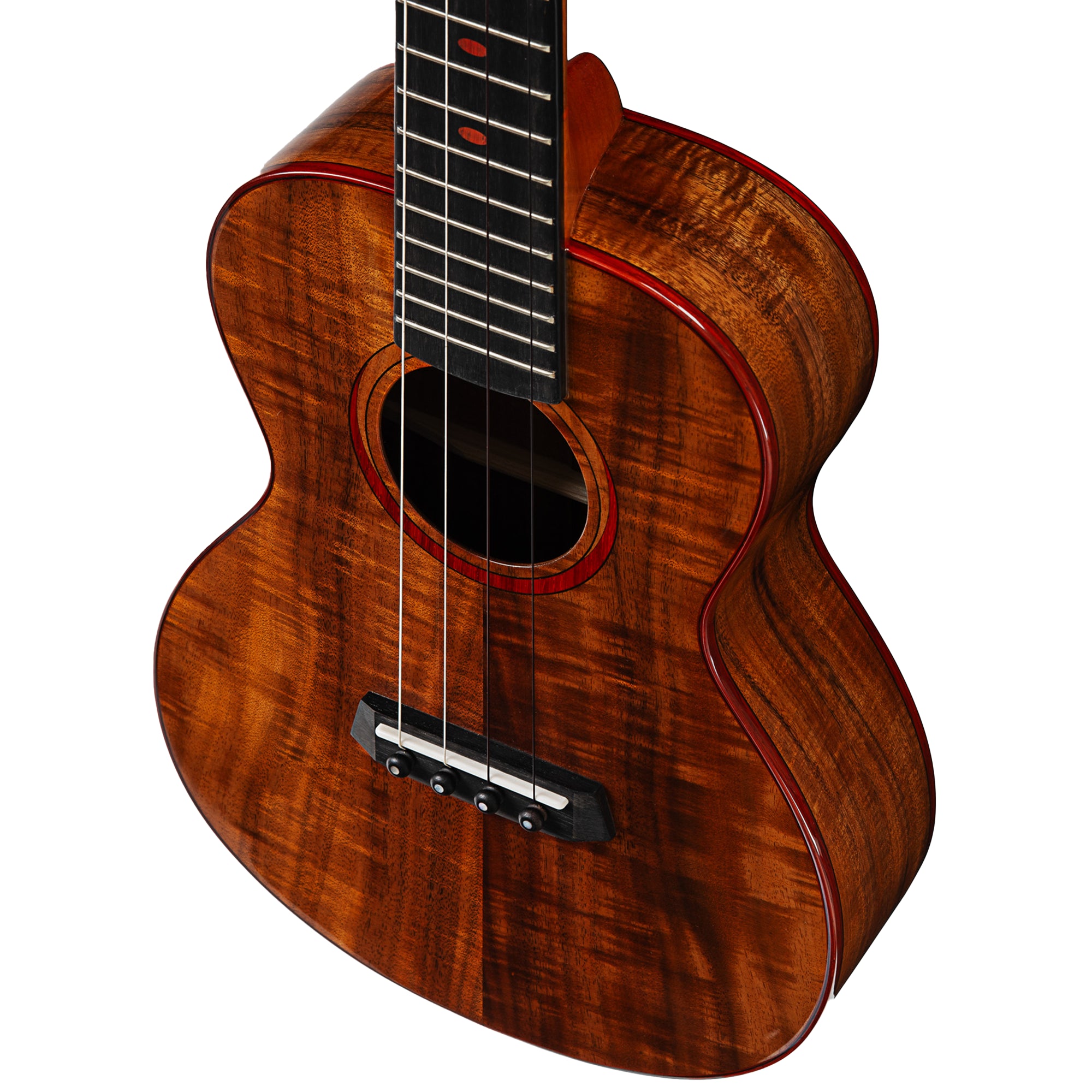 Close-up of a wooden ukulele body and part of the neck, showing a rich warm brown wood grain finish with a black bridge and fretboard on a white background.