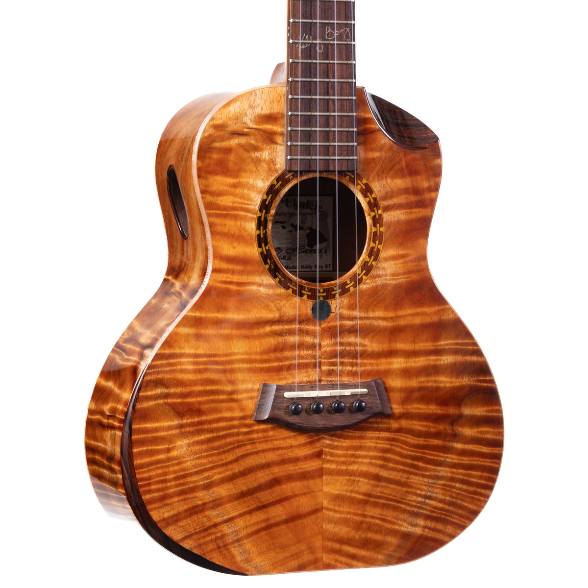 Example photo: an earlier Kanile'a Kelly Boy super tenor, serial 26766, angled body view