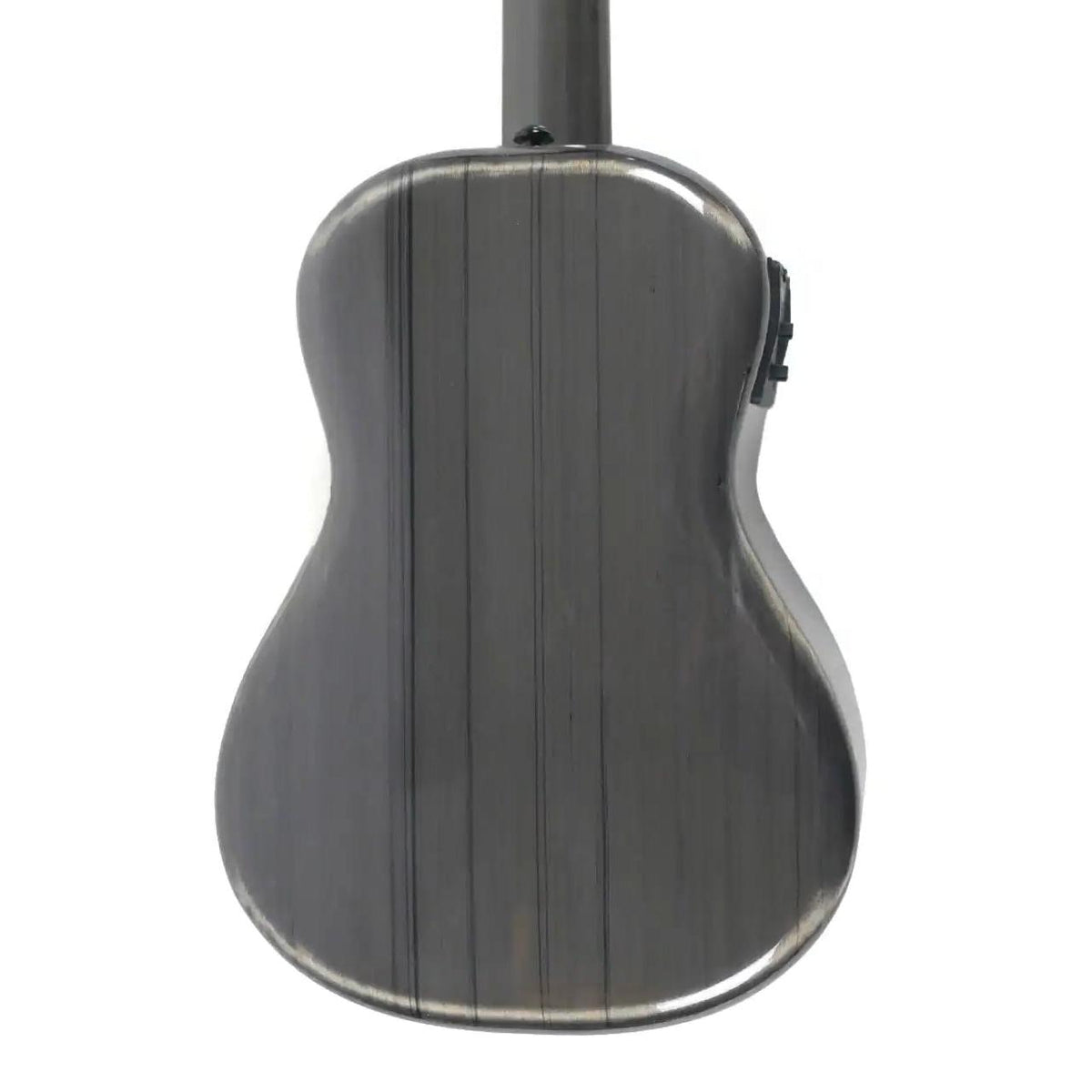Back view of a glossy black Klōs Carbon Timber tenor ukulele with a sleek, durable carbon fiber body.
