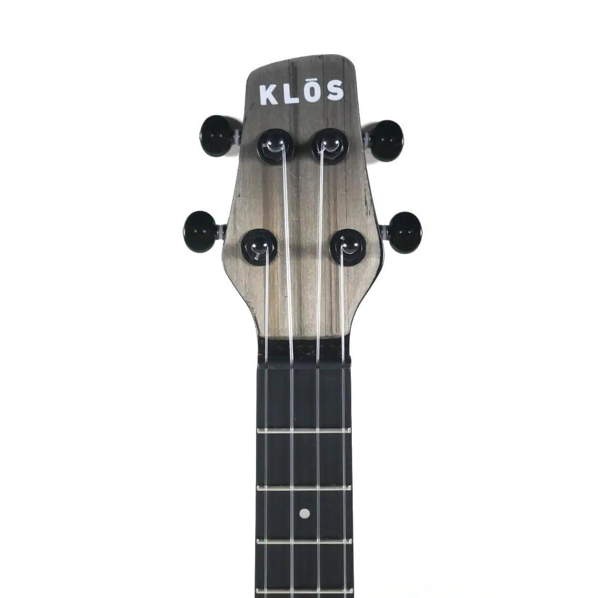 Klōs Carbon Timber tenor ukulele headstock with wood grain finish, black tuning pegs, and composite fretboard.