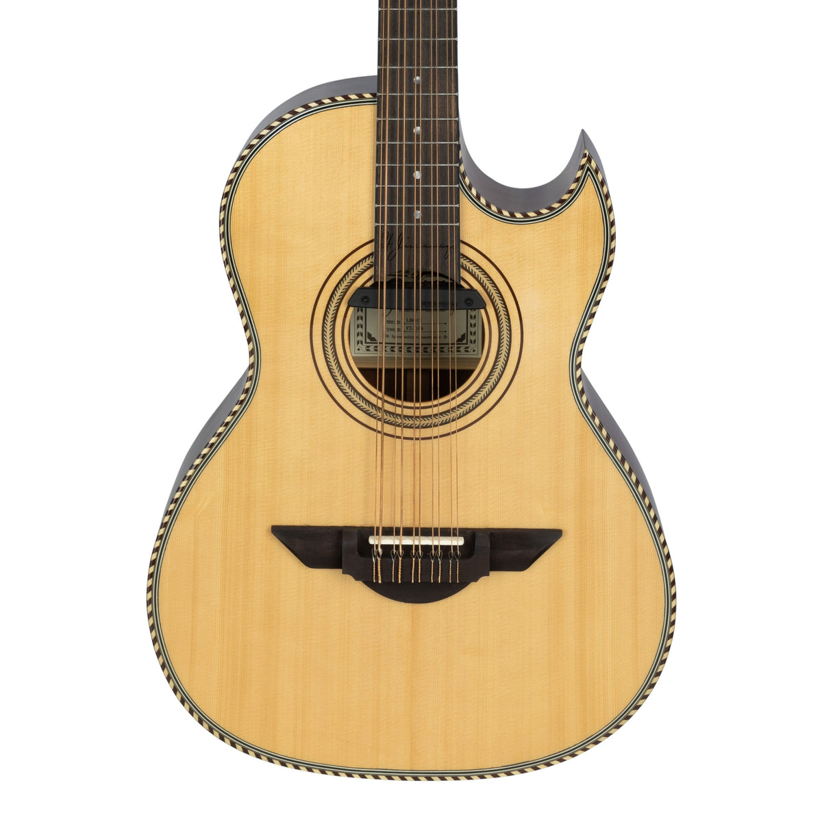 H. Jimenez LBQ1E El Estándar Cutaway Acoustic Electric Bajo Quinto, front of the body with the lower fretboard