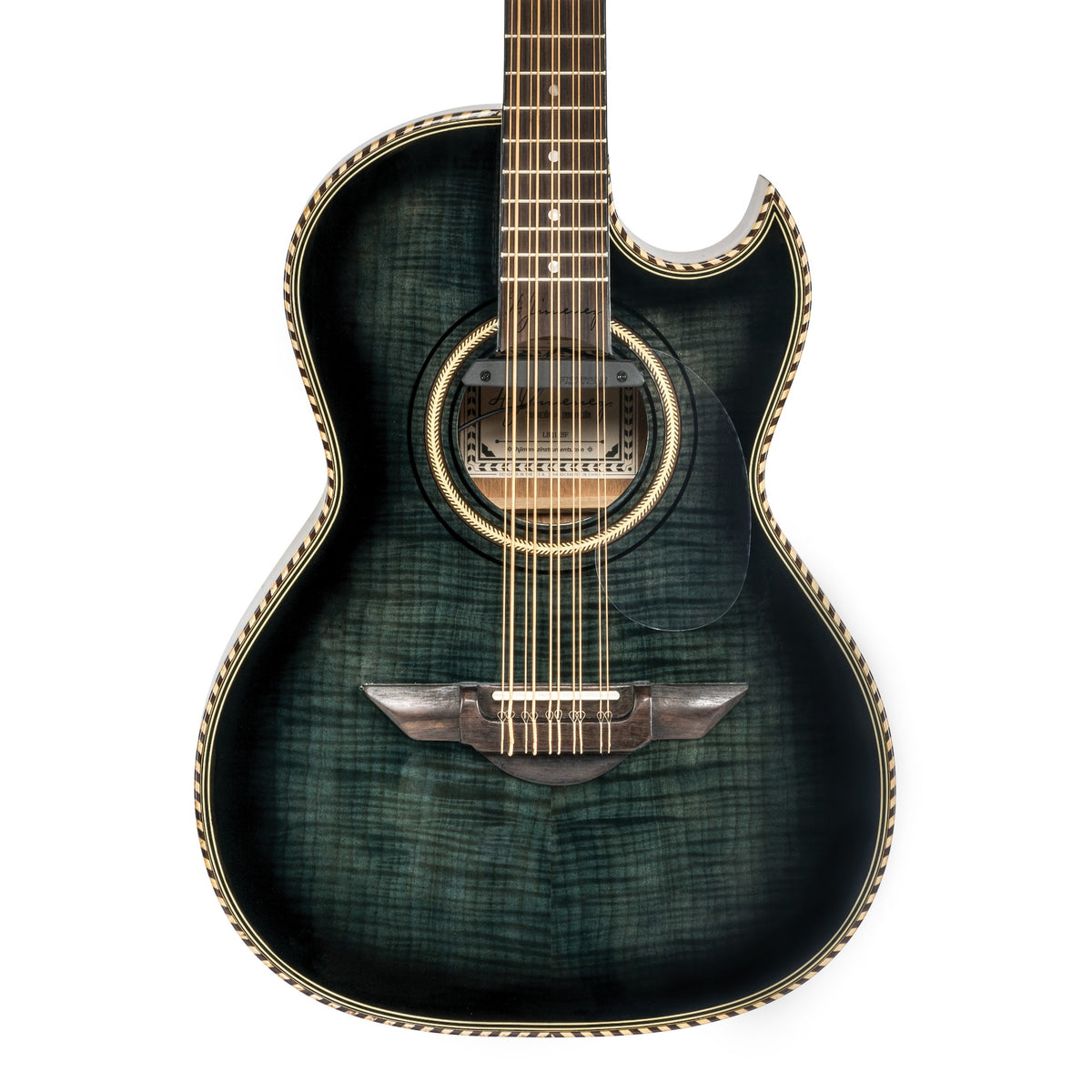 H. Jimenez LBQ1EBF Palomazo Black Flame Top Cutaway Acoustic Electric Bajo Quinto, front of the body with the lower fretboard