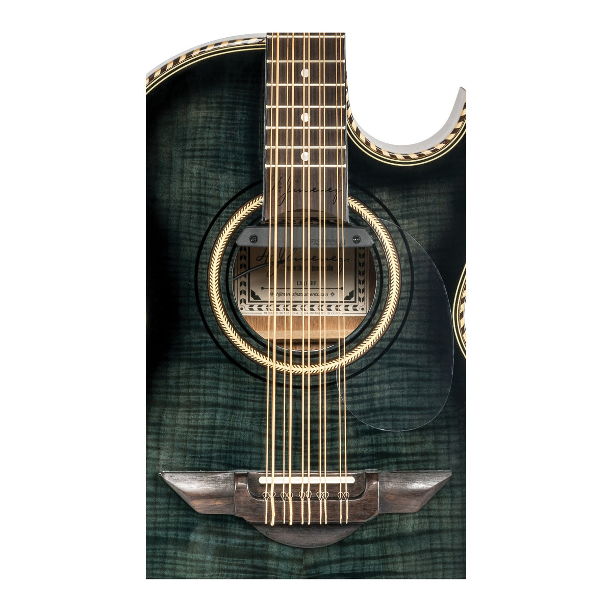 H. Jimenez LBQ1EBF Palomazo Black Flame Top Cutaway Acoustic Electric Bajo Quinto, close-up of the soundhole, rosette and bridge