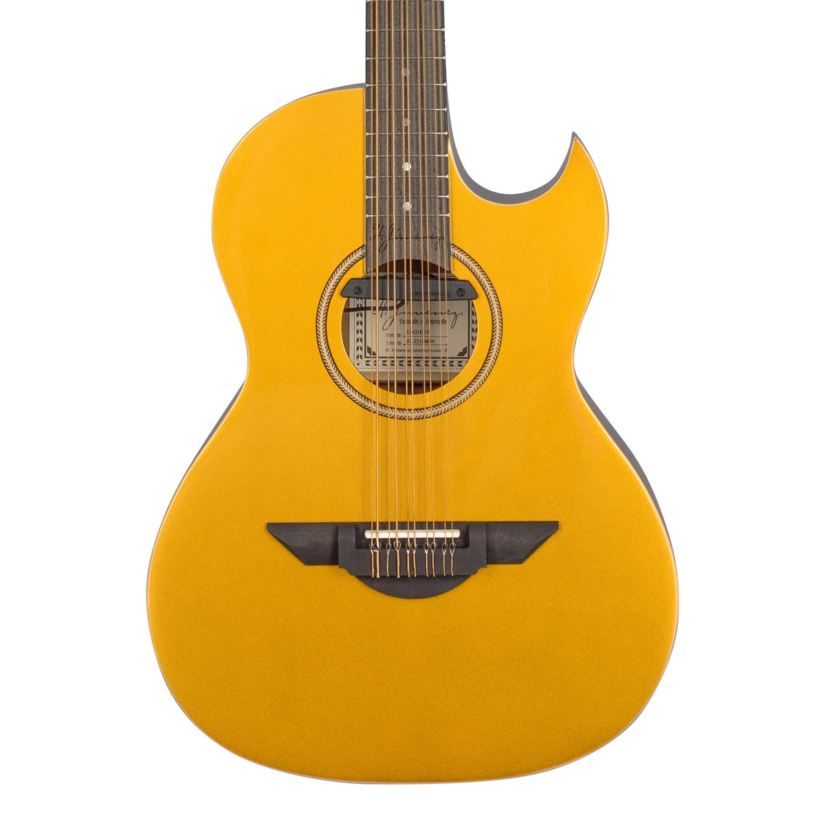 H. Jimenez LBQ1EGT Palomazo Gold Sparkle Top Cutaway Acoustic Electric Bajo Quinto, front of the body with the lower fretboard