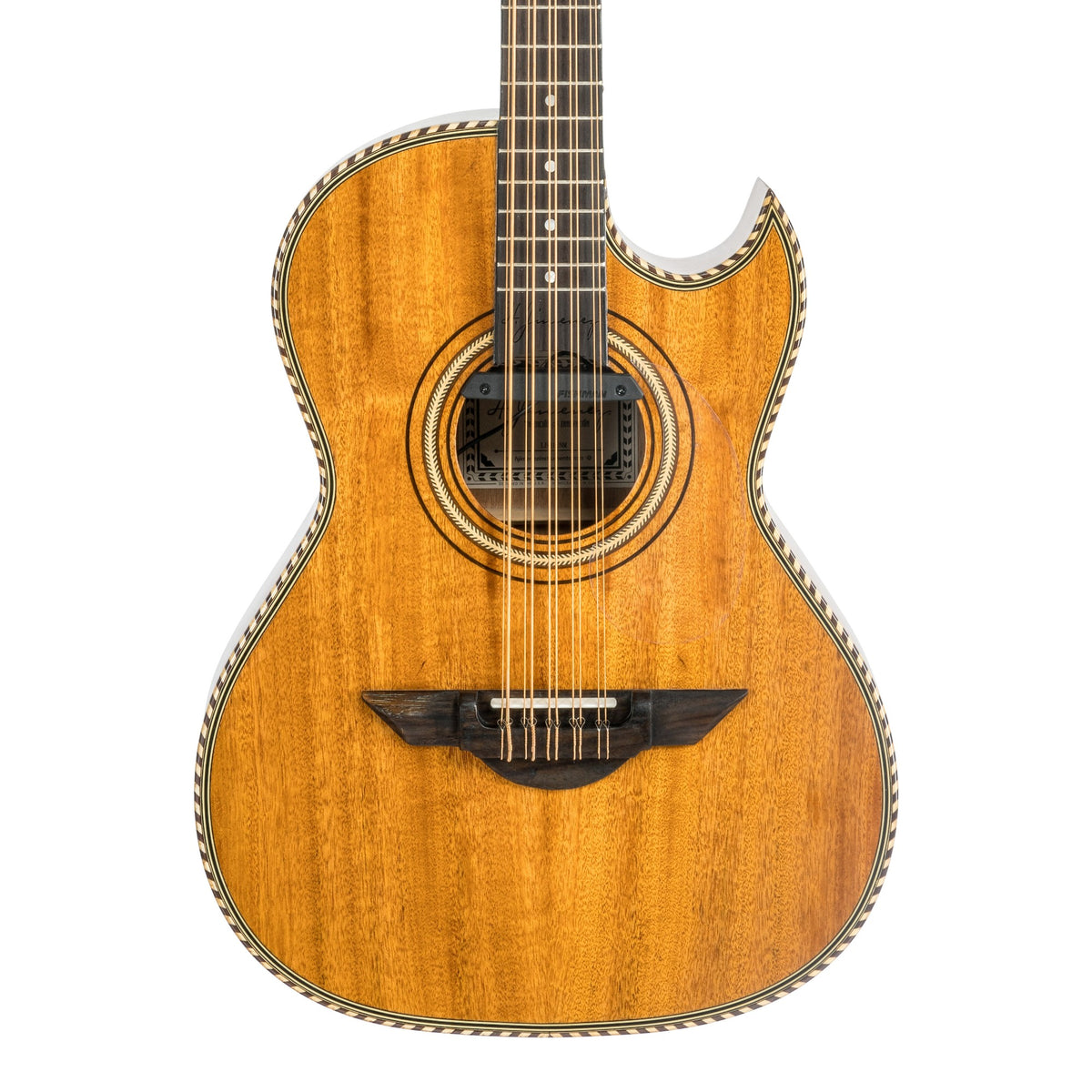 H. Jimenez LBQ1ENM Palomazo Natural Mahogany Cutaway Acoustic Electric Bajo Quinto, front of the body with the lower fretboard