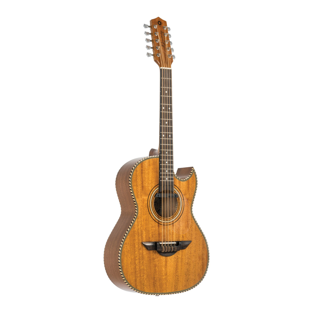 H. Jimenez LBQ1ENM Palomazo Natural Mahogany Cutaway Acoustic Electric Bajo Quinto, angled front view of the body