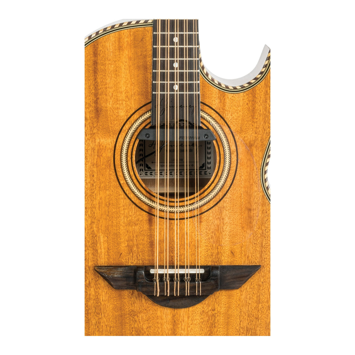 H. Jimenez LBQ1ENM Palomazo Natural Mahogany Cutaway Acoustic Electric Bajo Quinto, close-up of the soundhole, rosette and bridge