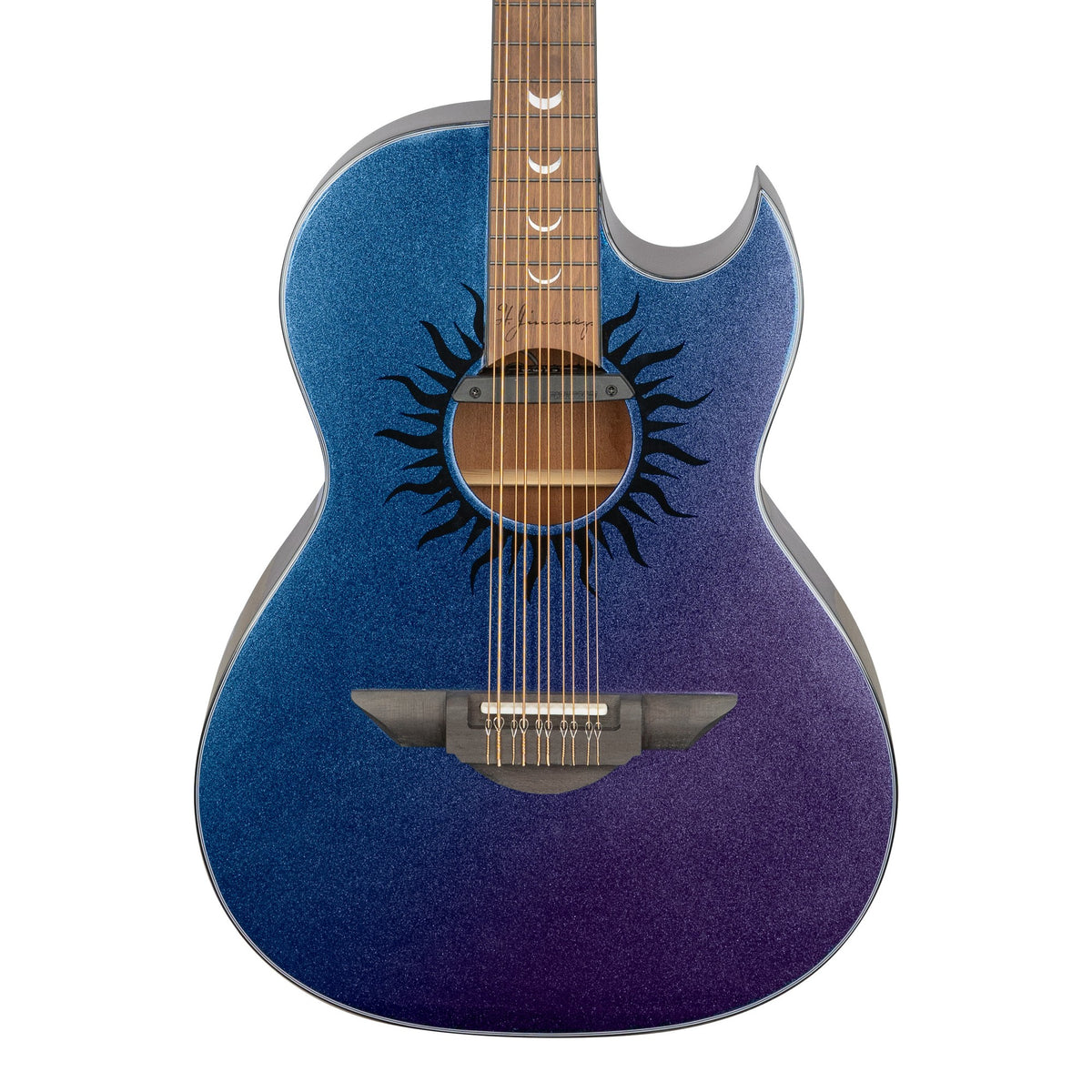 H. Jimenez LBQ1GXE-AB Aurora Borealis Purple-Blue Sparkle Cutaway Acoustic Electric Bajo Quinto, front of the body with the lower fretboard