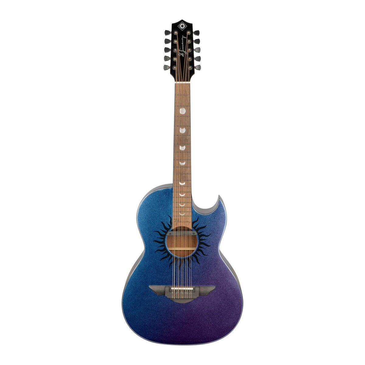 H. Jimenez LBQ1GXE-AB Aurora Borealis Purple-Blue Sparkle Cutaway Acoustic Electric Bajo Quinto, full front view from headstock to end